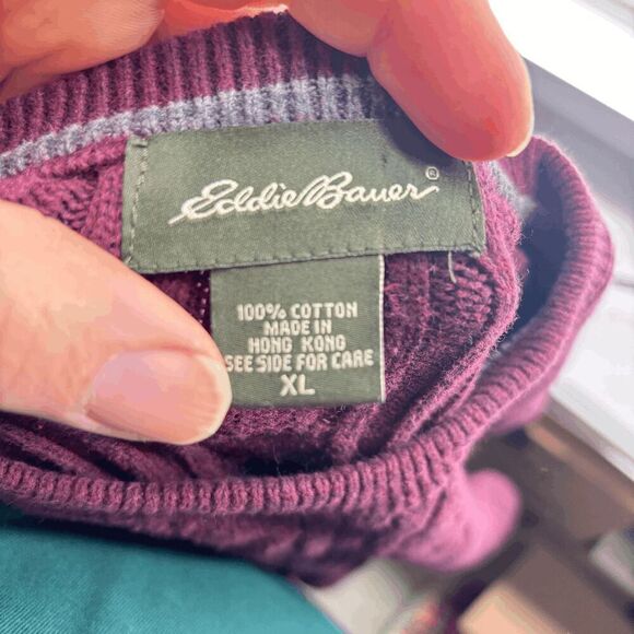 Vintage Eddie Bauer Sweater Mens XL Maroon/Red Cotton Fisherman Cable Knit EUC - Picture 3 of 5